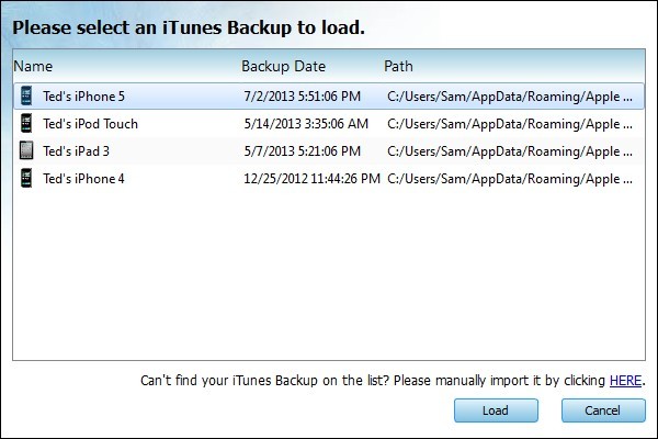 Recover iPhone SMS Messages from iTunes Backup - Load