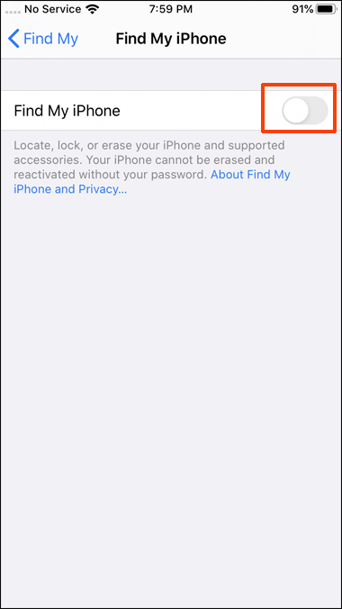 How to disable Find My iPhone with ios 13