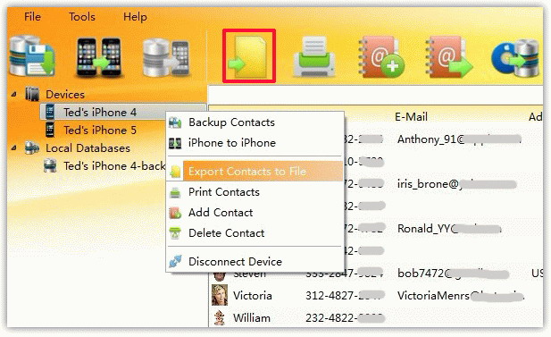 Export all iPhone Contacts to CSV, vCard, HTML, PDF