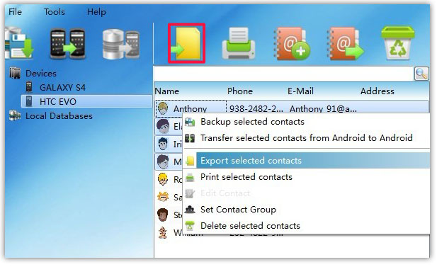 Export selected Android Contacts to CSV, vCard, HTML, PDF
