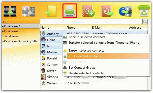 print selected iPhone contacts from computer
