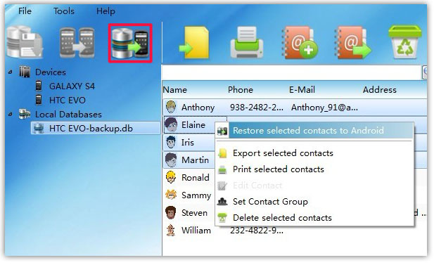 restore selected Contacts Android from backup on PC