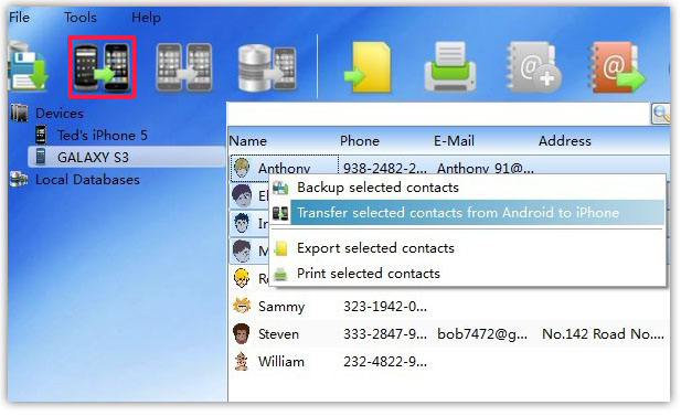 transfer selected Contacts on PC