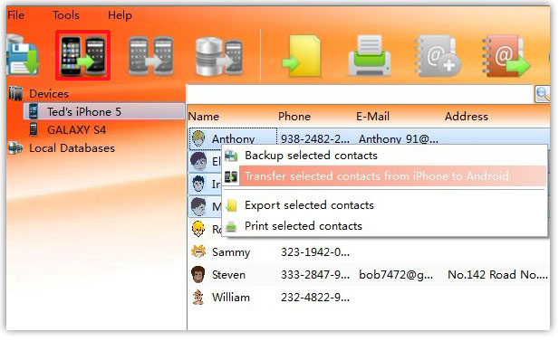 transfer selected Contacts from iPhone to Android on PC